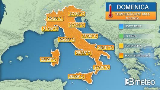 Temperature massime previste per domenica