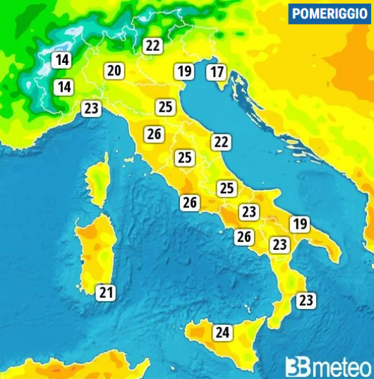 Temperature massime previste per domenica