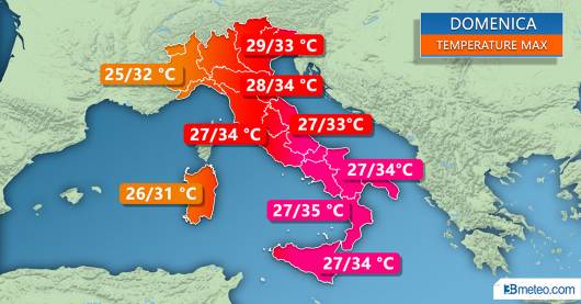 Temperature massime previste per domenica