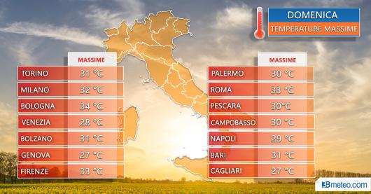 Temperature massime previste per domenica
