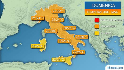 Temperature massime previste per domenica
