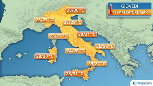 Temperature massime previste per giovedì