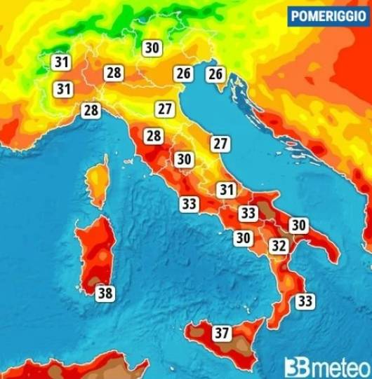 Temperature massime previste per giovedì