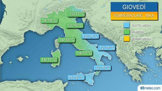 Temperature massime previste per giovedì