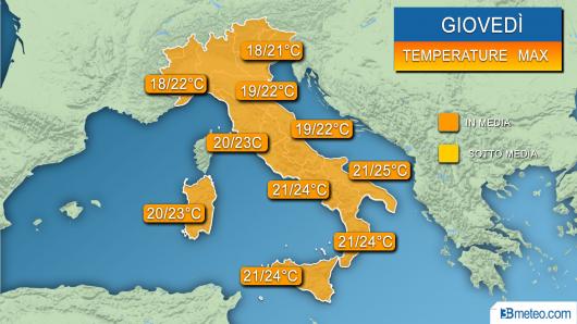 Temperature massime previste per giovedì