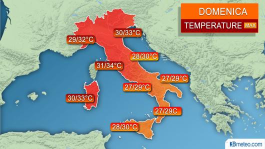 Temperature massime previste per la giornata di Domenica