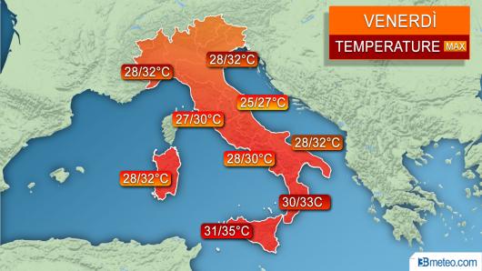 Temperature massime previste per la giornata di Venerdì