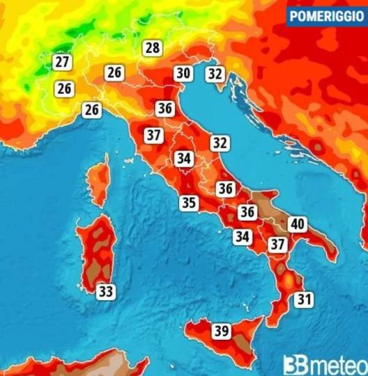 Temperature massime previste per lunedì