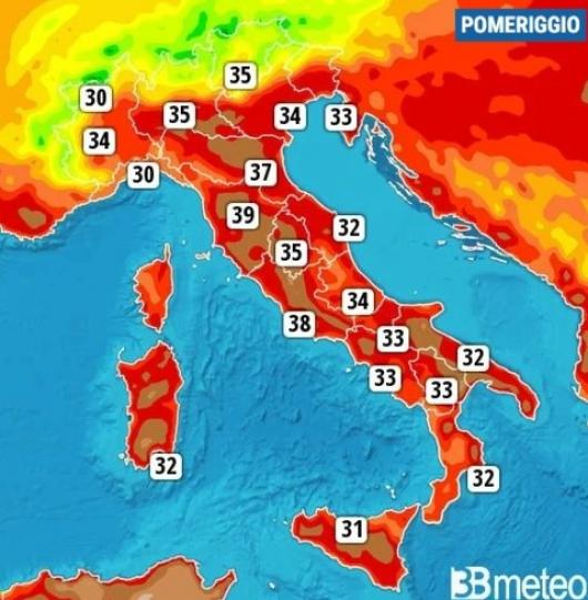 Temperature massime previste per lunedì