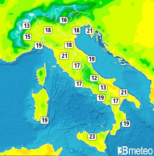 Temperature massime previste per lunedì