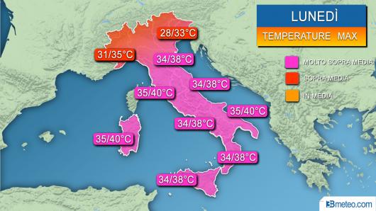 Temperature massime previste per lunedì