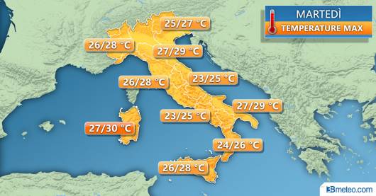 Temperature massime previste per martedì