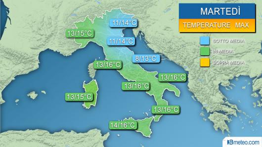 Temperature massime previste per martedì