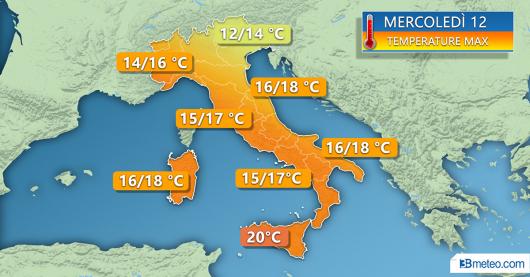 Temperature massime previste per mercoledì