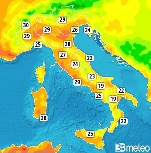 Temperature massime previste per mercoledì