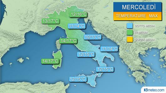 Temperature massime previste per mercoledì