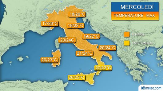 Temperature massime previste per mercoledì
