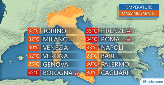 Temperature massime previste per sabato