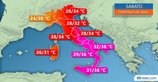 Temperature massime previste per sabato