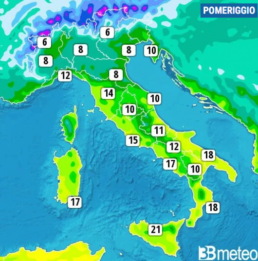 Temperature massime previste per sabato pomeriggio