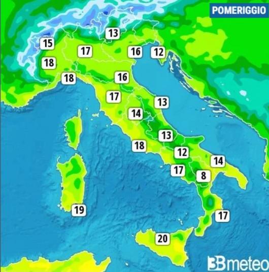 Temperature massime previste per venerdì