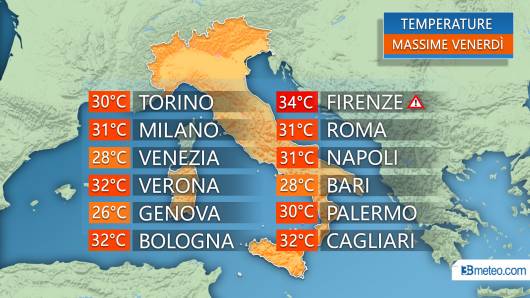 Temperature massime previste per venerdì