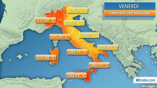 Temperature massime previste per venerdì