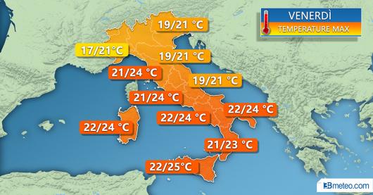 Temperature massime previste per venerdì