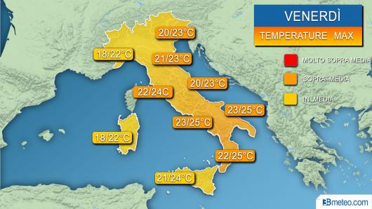 Temperature massime previste per venerdì