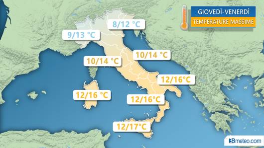 Temperature massime previste tra giovedì e venerdì