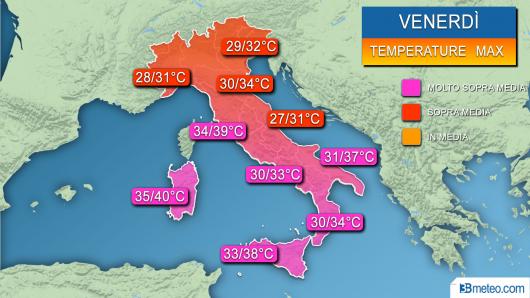 Temperature massime previste venerdì