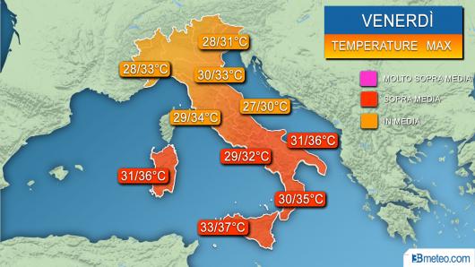 Temperature massime previste venerdì