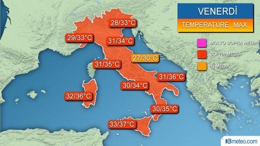 Temperature massime previste venerdì