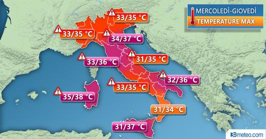 Temperature massime tra mercoledì e giovedì