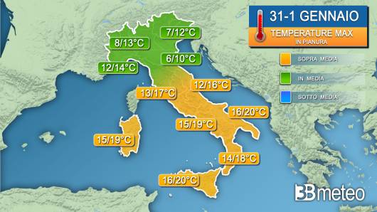 Temperature massime tra San Silvestro e Capodanno (in pianura)