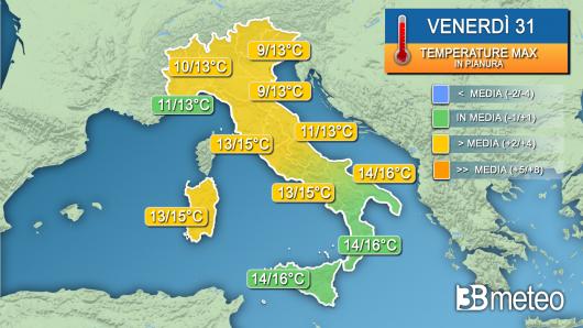 Temperature massime venerdì 31 gennaio