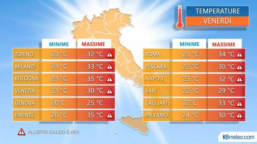 Temperature massime venerdì nelle principali città