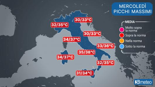 Temperature mercoledì (picchi massimi)
