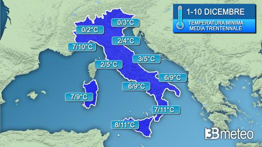 Temperature minime 1° decade di dicembre (media trentennale)