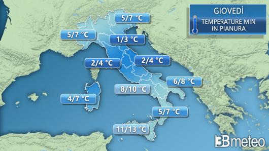Temperature minime previste per giovedì