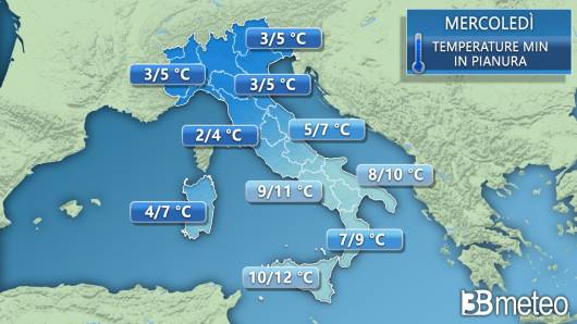 Temperature minime previste per mercoledì