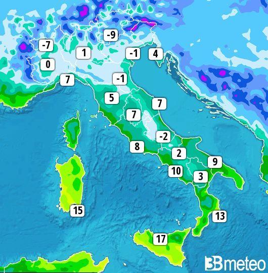 Temperature minime previste per mercoledì