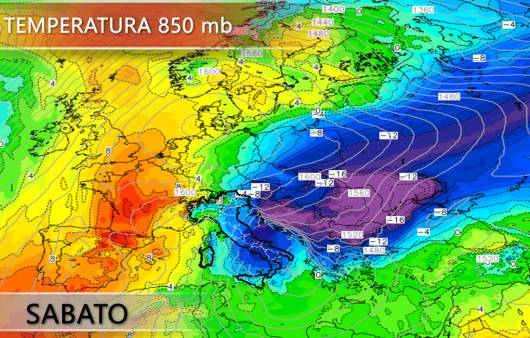 Temperature previste a 850 hPa nella giornata di sabato
