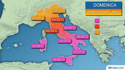 Temperature previste domenica (attendibilità medio alta)