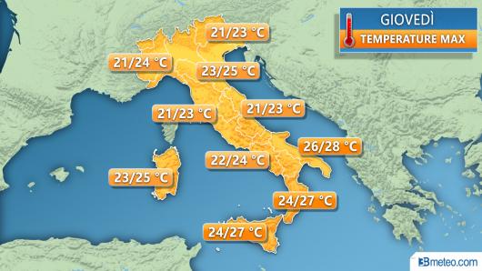 Temperature previste per giovedì