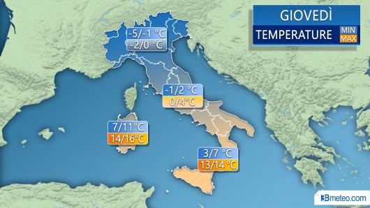 Temperature previste per giovedì