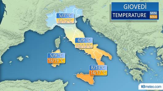 Temperature previste per giovedì