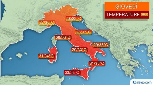 Temperature previste per giovedì 5 luglio