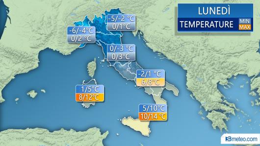 Temperature previste per lunedì