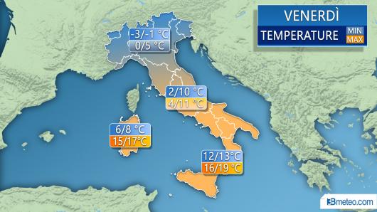 Temperature previste per venerdì